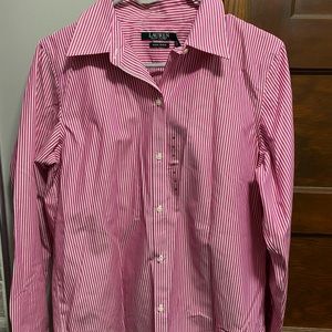 Medium. Pink striped, long sleeve button down by Ralph Lauren